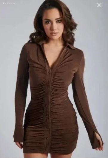 ALEXANDRA Ruched Long Sleeve Mini Dress- Chocolate (L/8)
