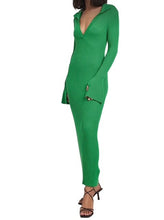 Cargar imagen en el visor de la galería, NA-KD Green Rib Knitted Trumpet Sleeve Dress (SZ L)
