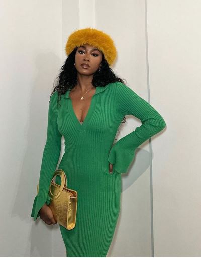 NA-KD Green Rib Knitted Trumpet Sleeve Dress (SZ L)